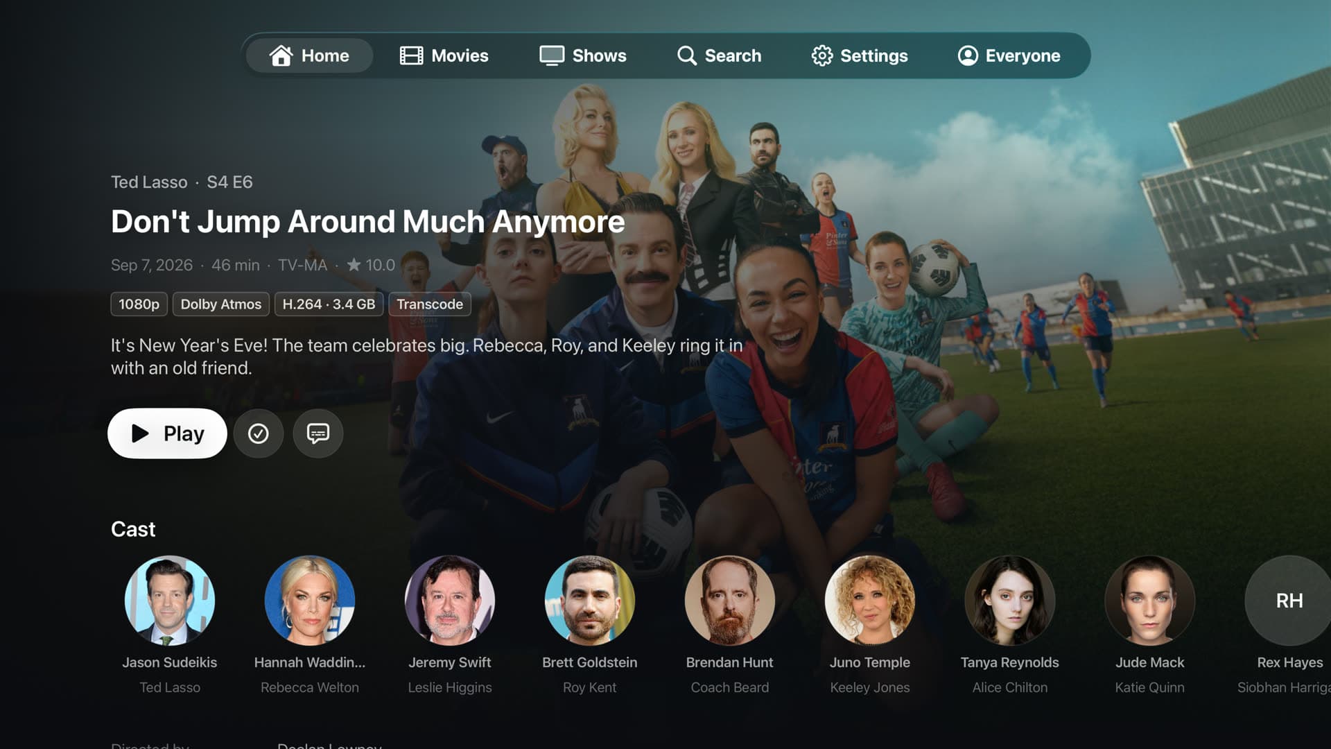 Episode page with Play, file info, and cast.