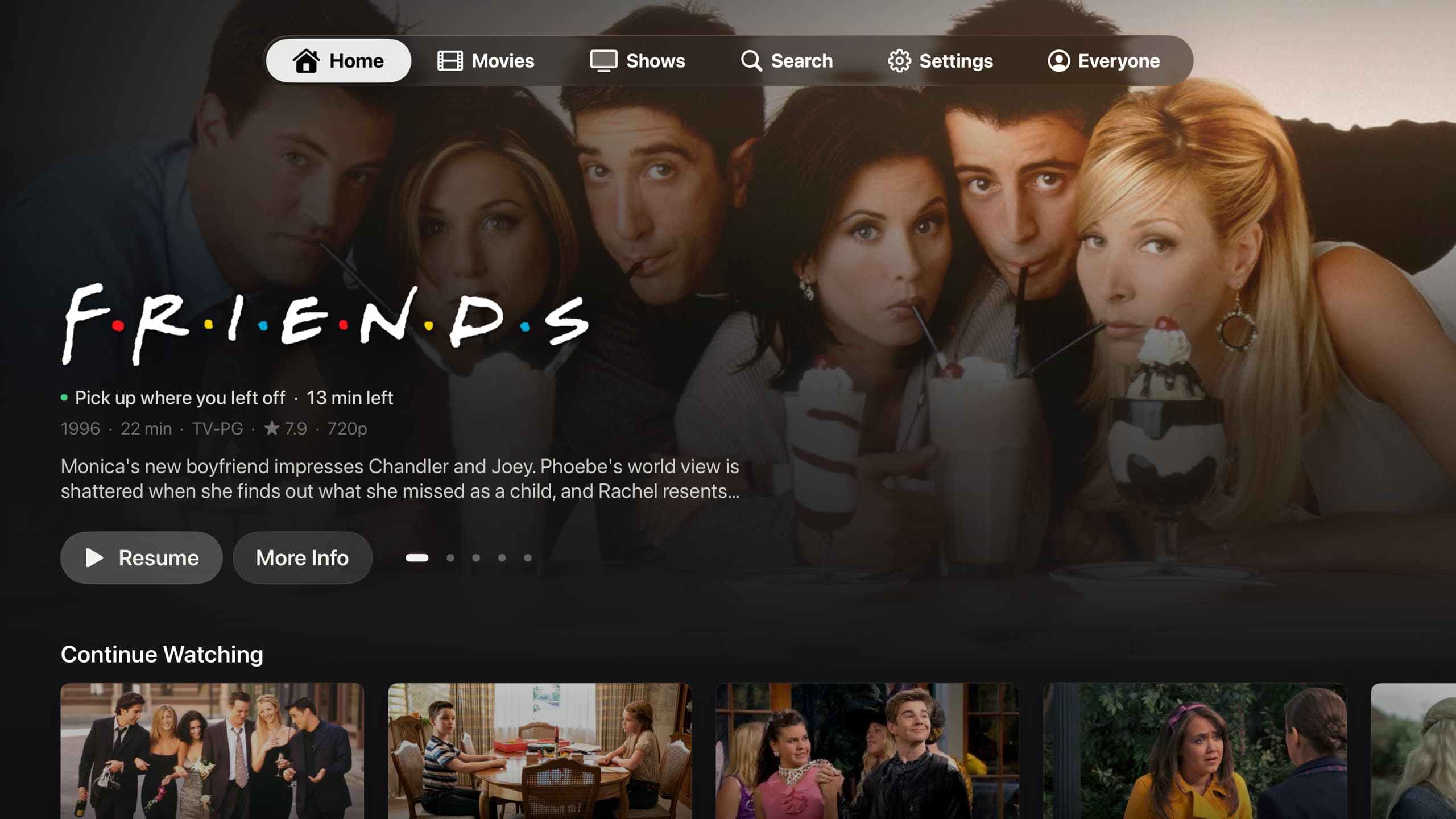 Marquee Home on Apple TV. Friends on the billboard, Continue Watching underneath.